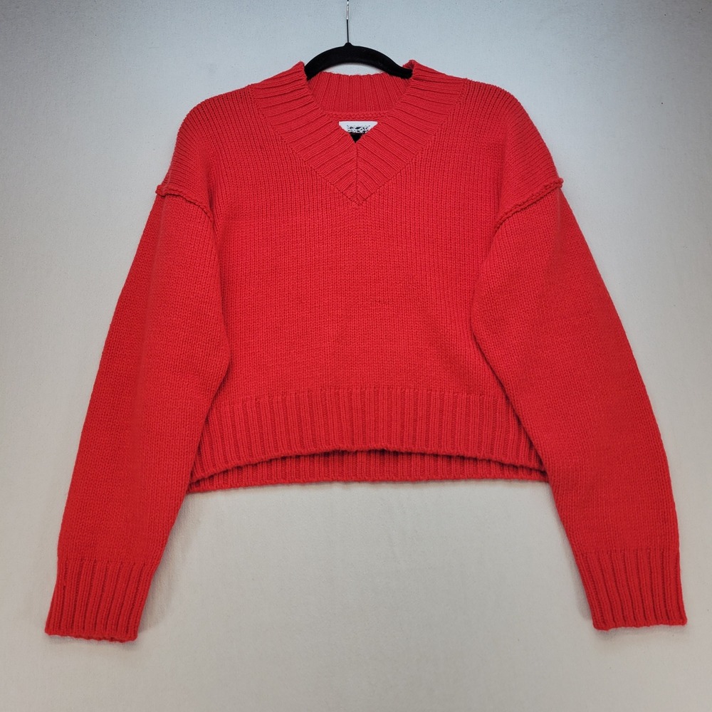 Topshop Sweater Womens XS Red Cropped V-Neck Chunky Knit Ribbed Long Sleeve